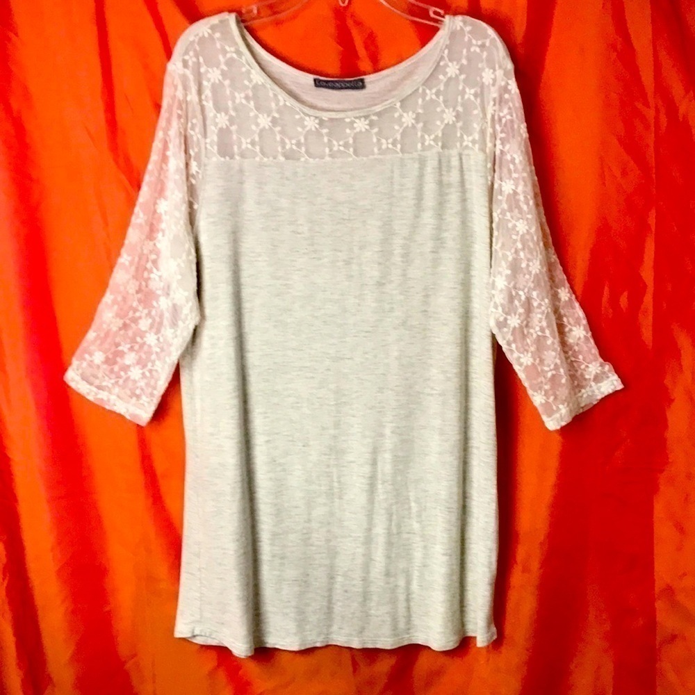 Loveappella Women’s Tunic Size L Off White with Lacy Sheer Sleeves Neck Shoulder